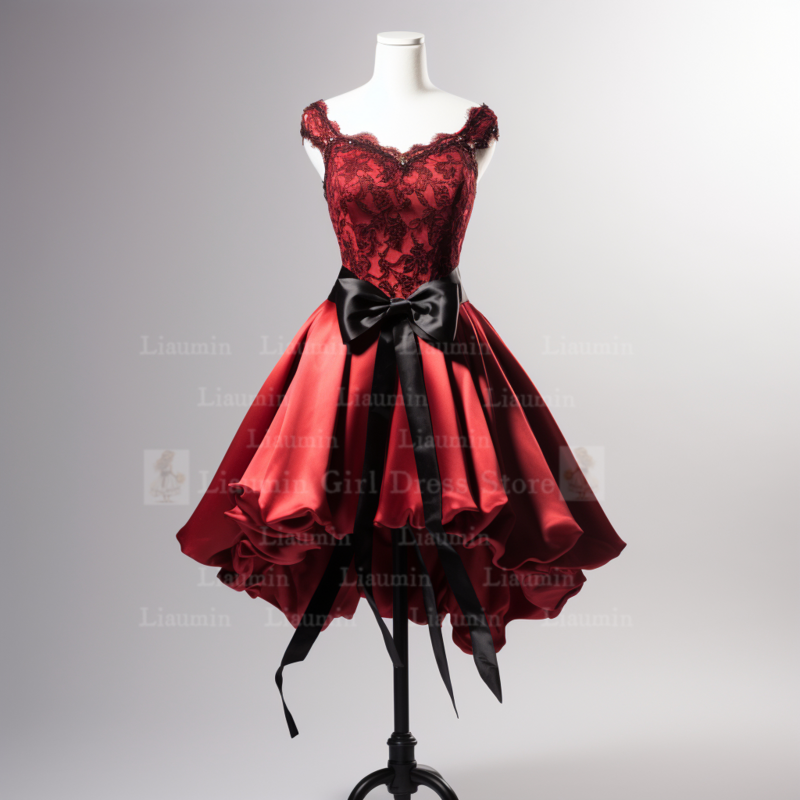 Vincformelle Elagant Everhing fait à la main sur mesure W1-2 rouge et noir dentelle bord Applique courte longueur à lacets robe de soirée