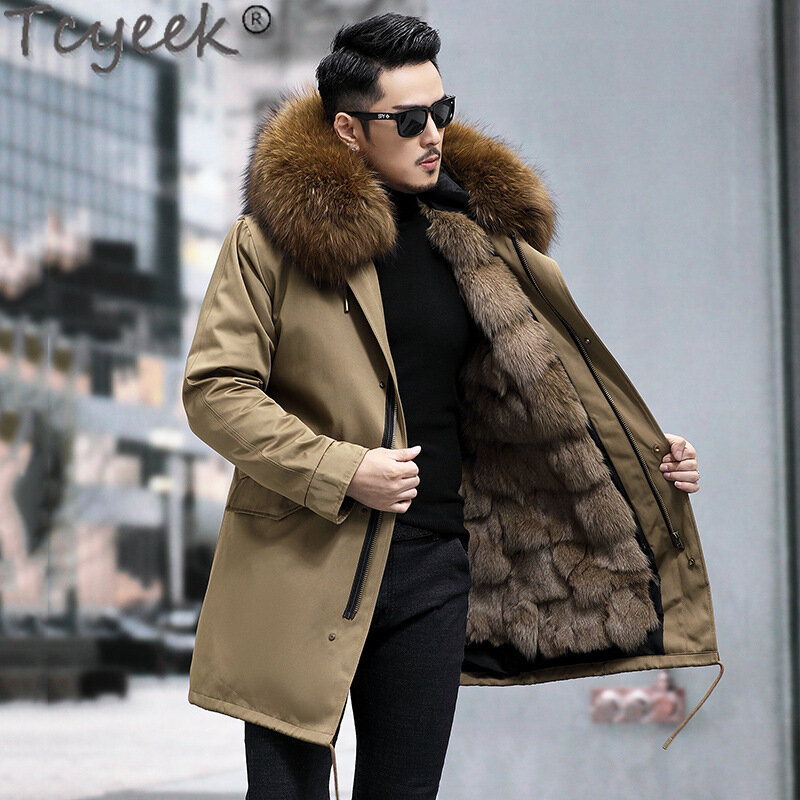 Tcyeek giacche di pelliccia di media lunghezza abbigliamento uomo caldo staccabile fodera di pelliccia di volpe Parka moda inverno giacca da uomo collo di pelliccia di volpe 2023