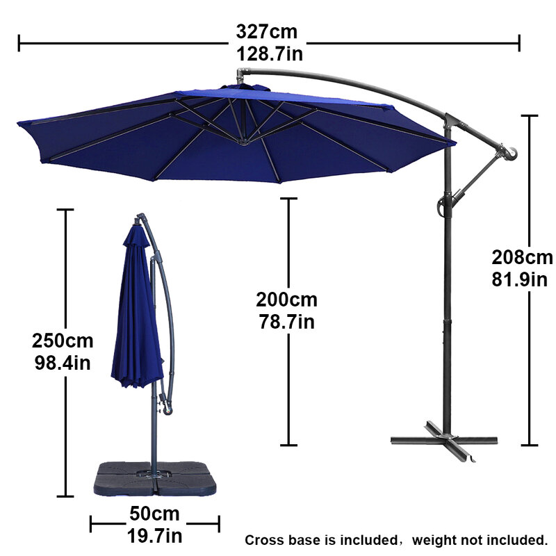 10FT Beige/Blauw Cantilever Outdoor Patio Paraplu W/Crank & Cross Base/Hoek Tilt 8 Stalen Ribben polyester [Us-Voorraad]