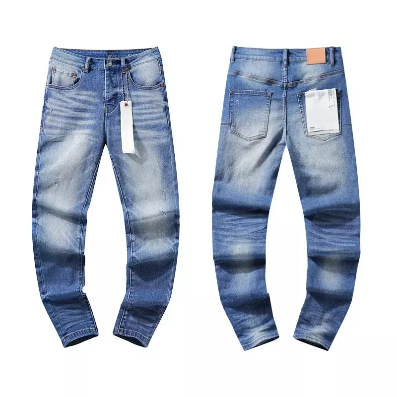 Celana Denim jalanan 2024ss merek ROCA ungu kualitas terbaik biru muda kaki lurus bergaris Jeans antik pas badan
