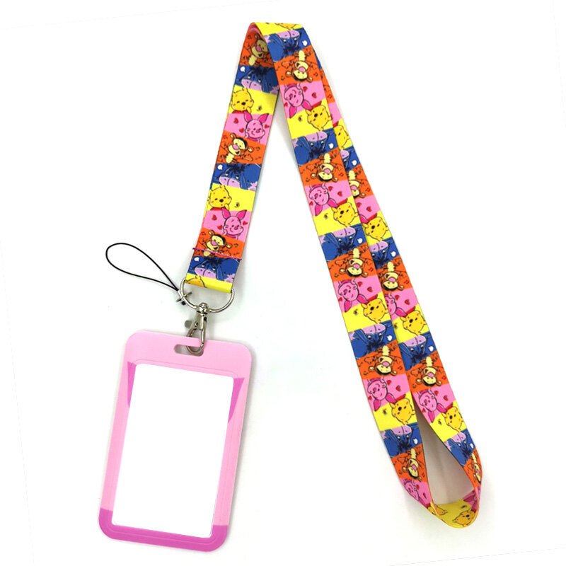 Winnie Bear Pink Pig Lanyard Credit Card ID Holder Bag Student Women Travel Card Cover Badge Car Keychain Decorations