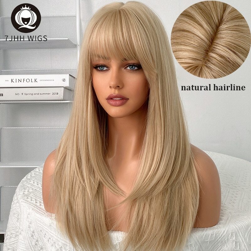7JHH Wigs Blonde Color Long Straight Synthetic Wig with Bangs Woman Natural Wigs Heat Resistant Fake Hair for Cosplay Girls