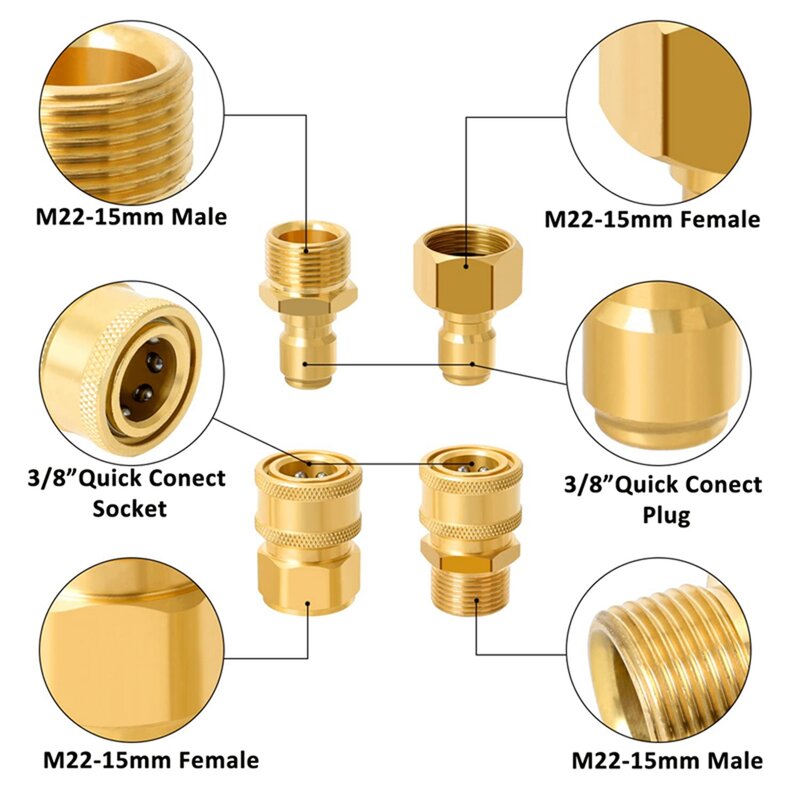 Pressure Washer Quick Disconnect Adaptor Set M22-15mm to 3/8 Quick Release Couplers for Attach Hose to The Water Pumps 5000 PSI