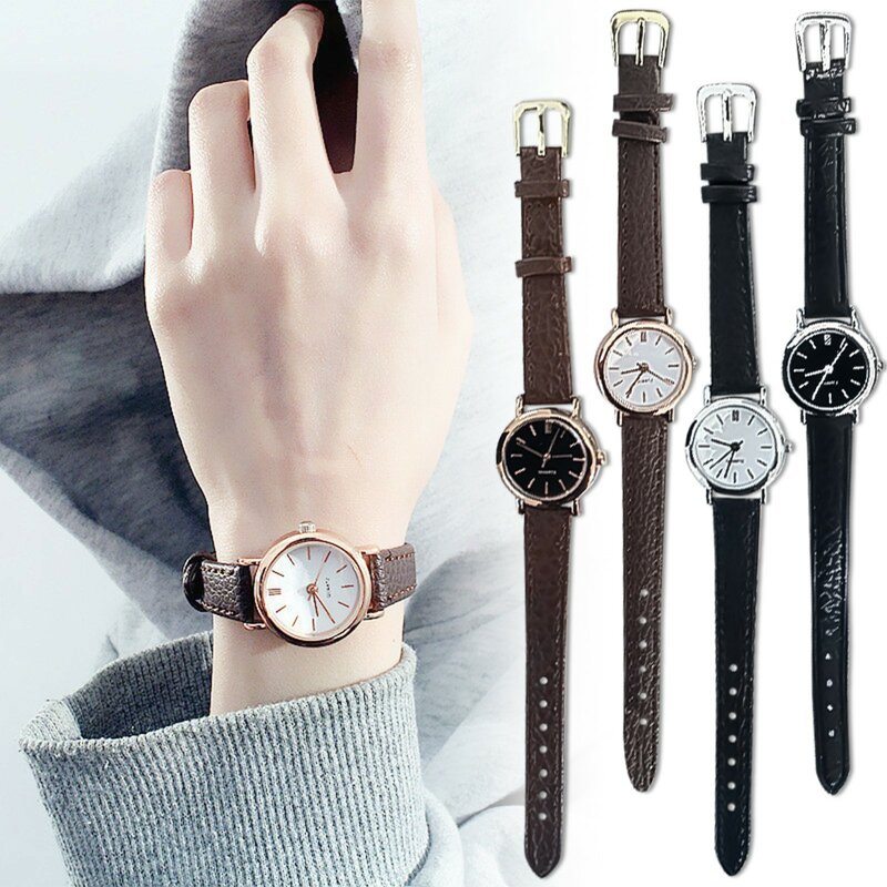Relógio de quartzo redondo simples para mulheres, pulseira de couro, analógico, requintado, pequeno, moda