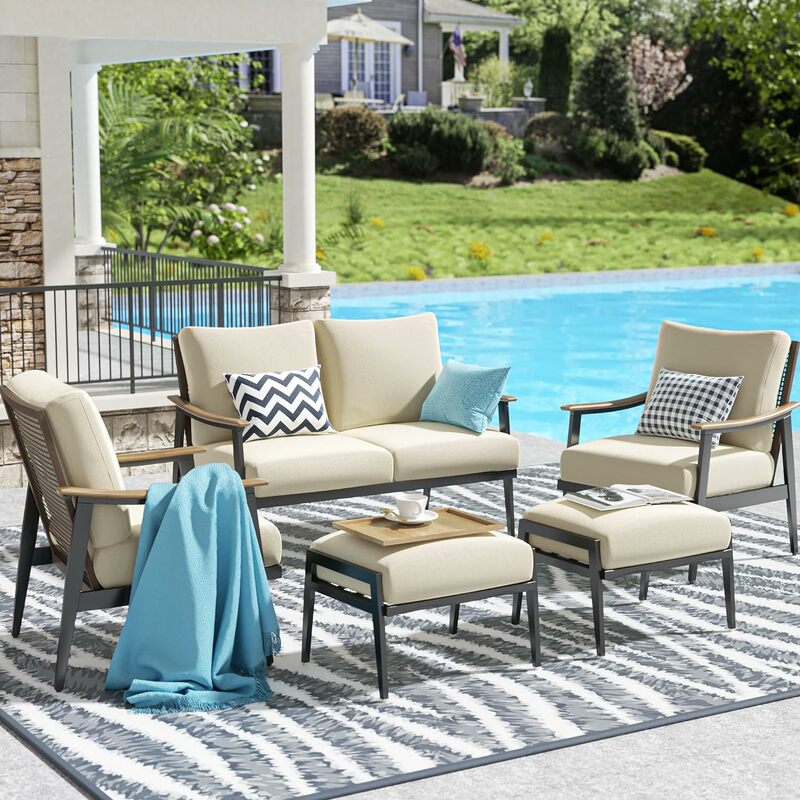 Patio Furniture Set,Outdoor Furniture Patio Sofa Outdoor Sectional Metal Patio Conversation Set with High Back Wicker Backrest