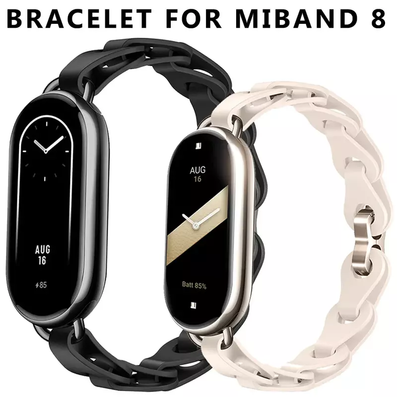Pulseira de borracha para Xiaomi Mi Band 8, pulseira de aço inoxidável para miband 8, moda NFC, faixa de silicone de substituição estilo lady