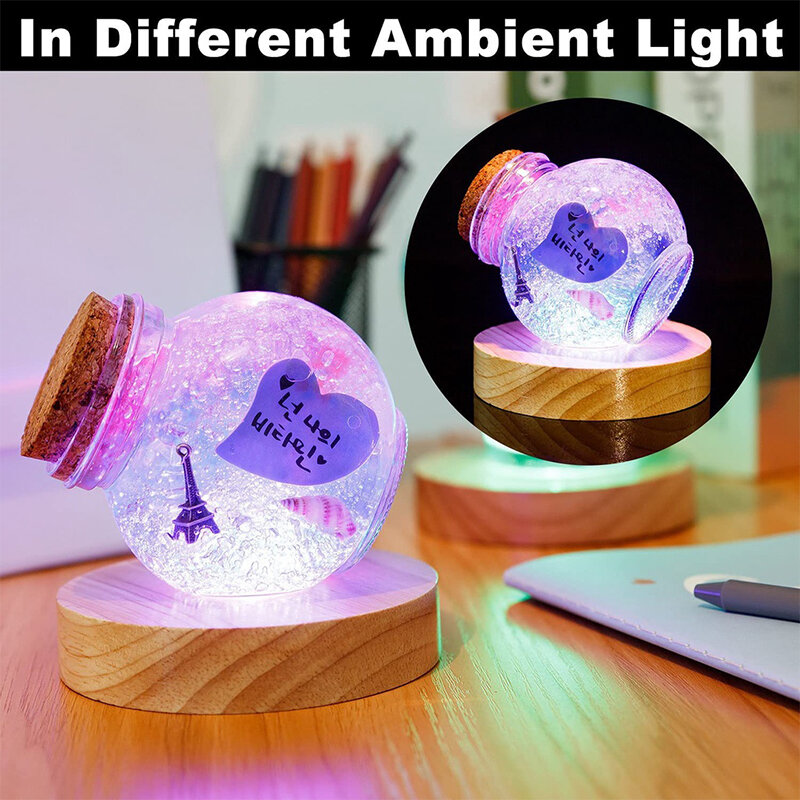 Soporte de luz LED con Base de madera redonda, adorno artístico de resina de cristal, soporte de lámpara, luz nocturna