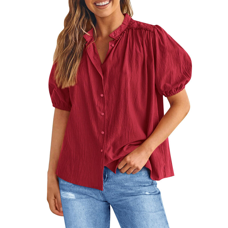 Chemise boutonnée à col en V pour femme, haut en coton, manches courtes, décontracté, formel, mode estivale