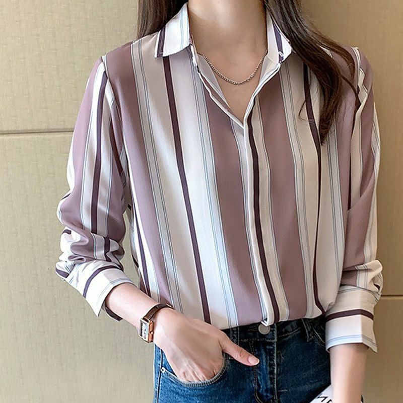 Vertical Striped Shirt Women's Long-Sleeved Chiffon Spring Inner Wear Korean Style New Shirt Versatile Loose Outer Wear Western
