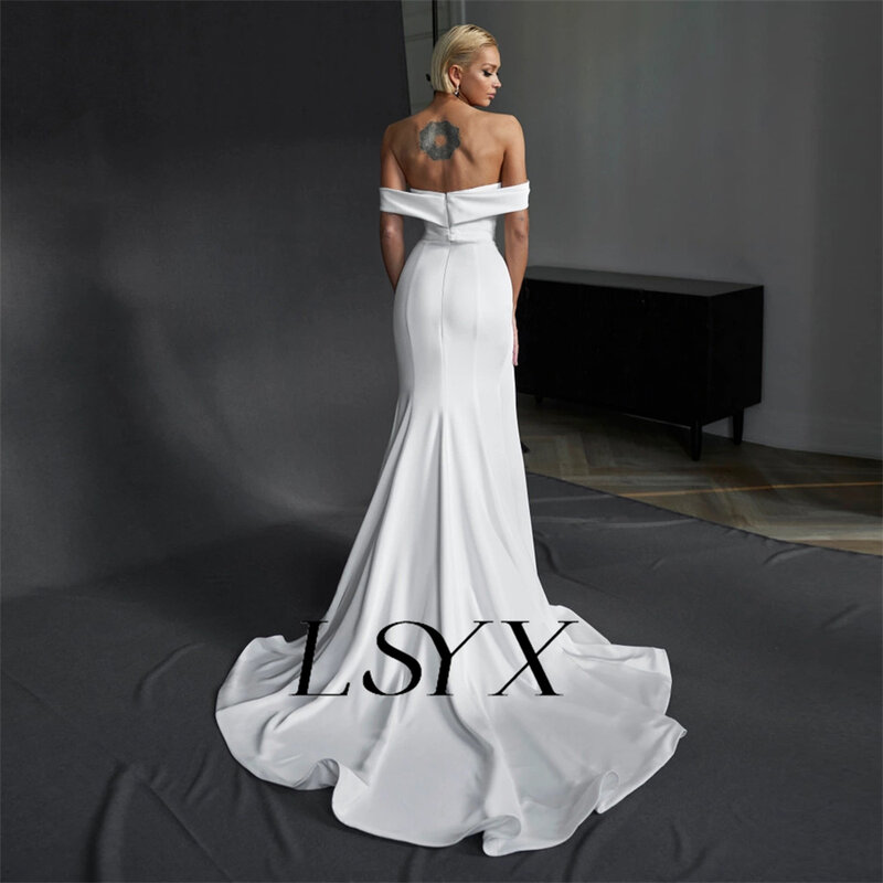 LSYX gaun pernikahan Crepe bahu terbuka leher perahu gaun pengantin putih belahan samping tinggi ritsleting gaun pengantin kereta buatan khusus