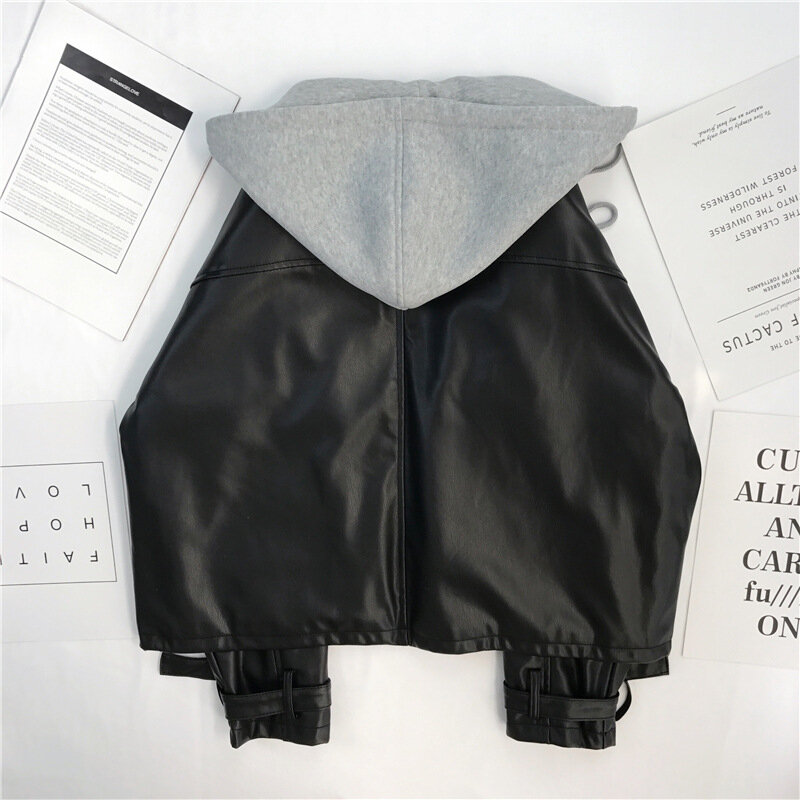Hooded Leather Jacket for Women Big Pockets Oversized Korean Style Bomber Jacket Pu Windbreaker Moto Cycle Coat Outwear