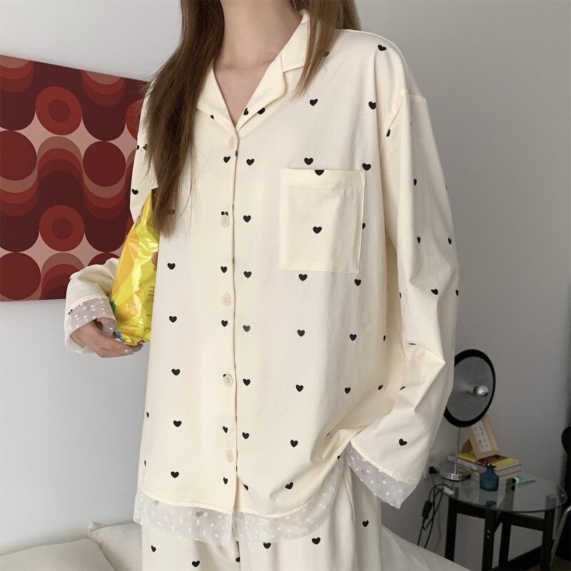 Pijama de algodón puro de talla grande para mujer, conjunto de ropa de casa de manga larga, M-5XL primavera y otoño, 2024