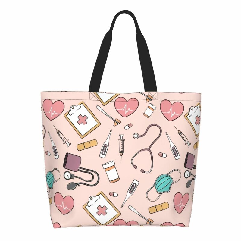 Reusable Funny Nurse Shopping Bag Women Shoulder Canvas Tote Bag Portable Nursing Grocery Shopper Bags
