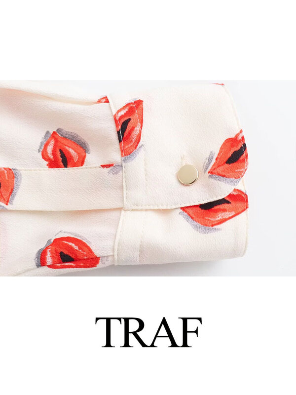 TRAF 2024 New Fashion Women Print set risvolto maniche lunghe camicia Casual Top + vita alta A Line Slim Zipper Fly donna minigonna