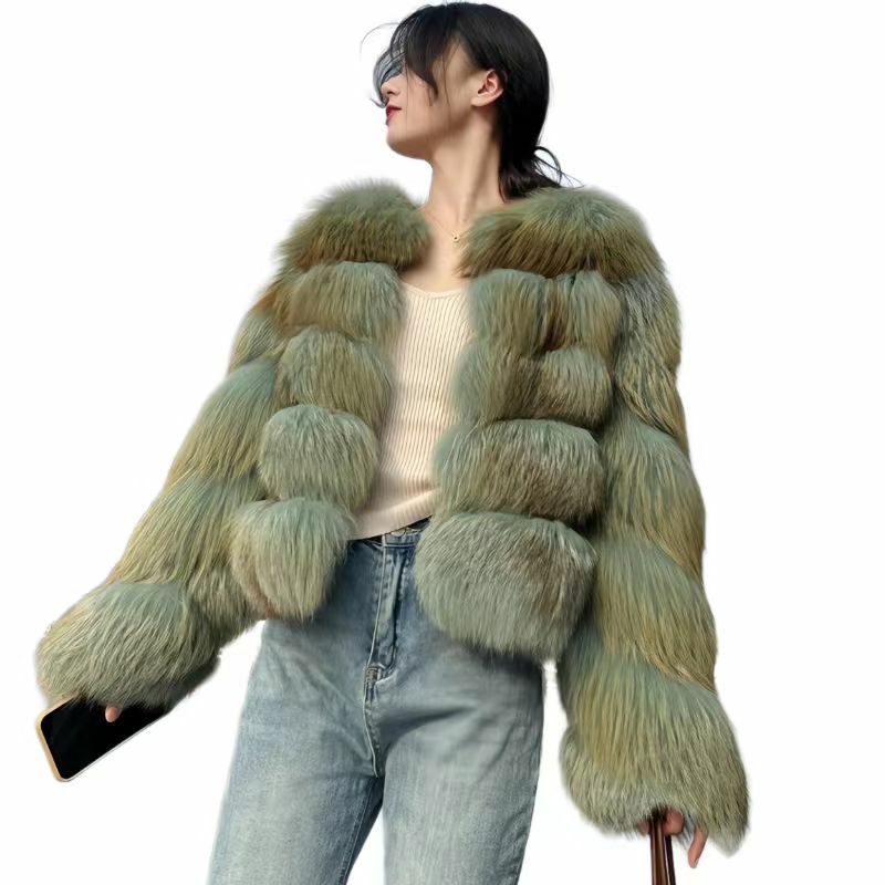 Пальто из искусственного лисьего меха для женщин, короткая куртка с круглым вырезом, Толстая теплая одежда, открытая строчка, высокое качество, осень и зима, 2023 г.