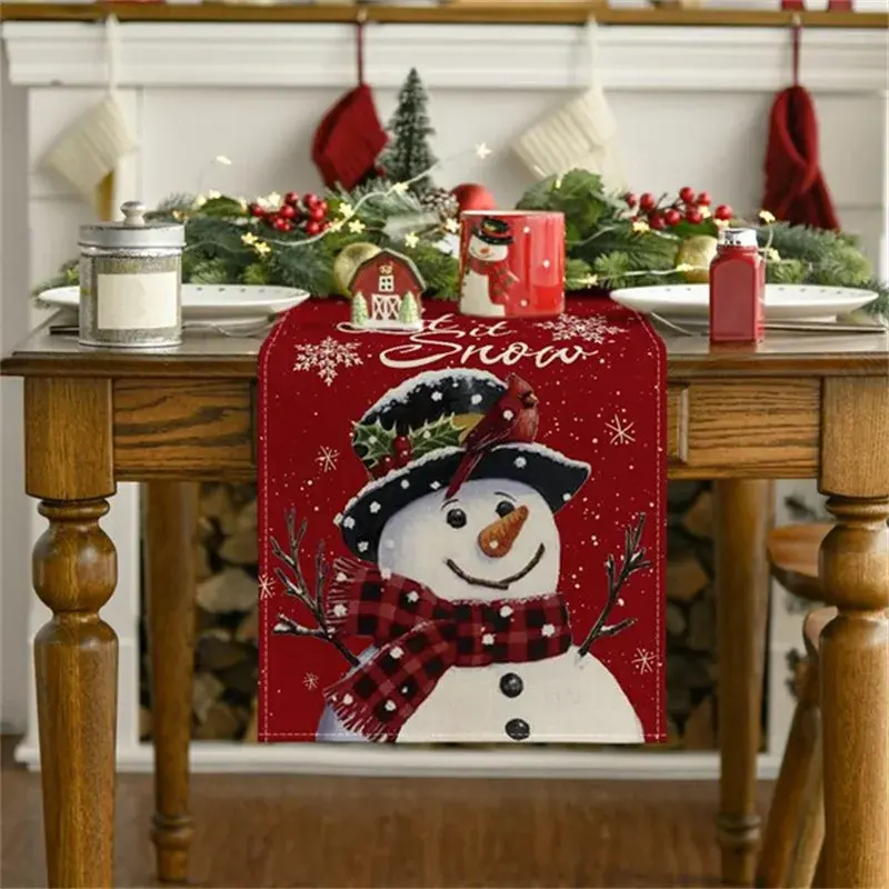 Chemin de table bonhomme de neige en polyester, couverture de table joyeux Noël, décor de fête de Noël, couronne