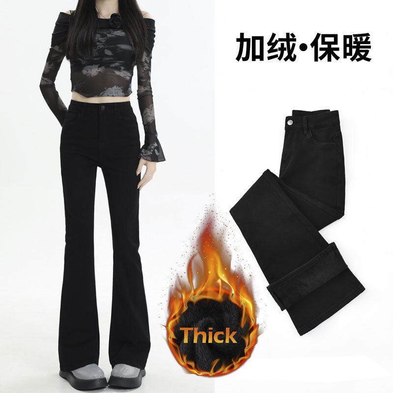 Осенне-зимние теплые черные расклешенные джинсы, модная винтажная уличная одежда, новые джинсы, женские Стрейчевые брюки с завышенной талией для женщин