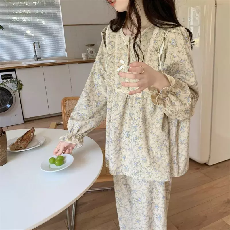 Кружевная одежда для сна, Женский пижамный комплект для дома, цветочный винтажный костюм из двух предметов с длинным рукавом и брюками, Весенняя Корейская Ночная одежда с оборками и круглым вырезом