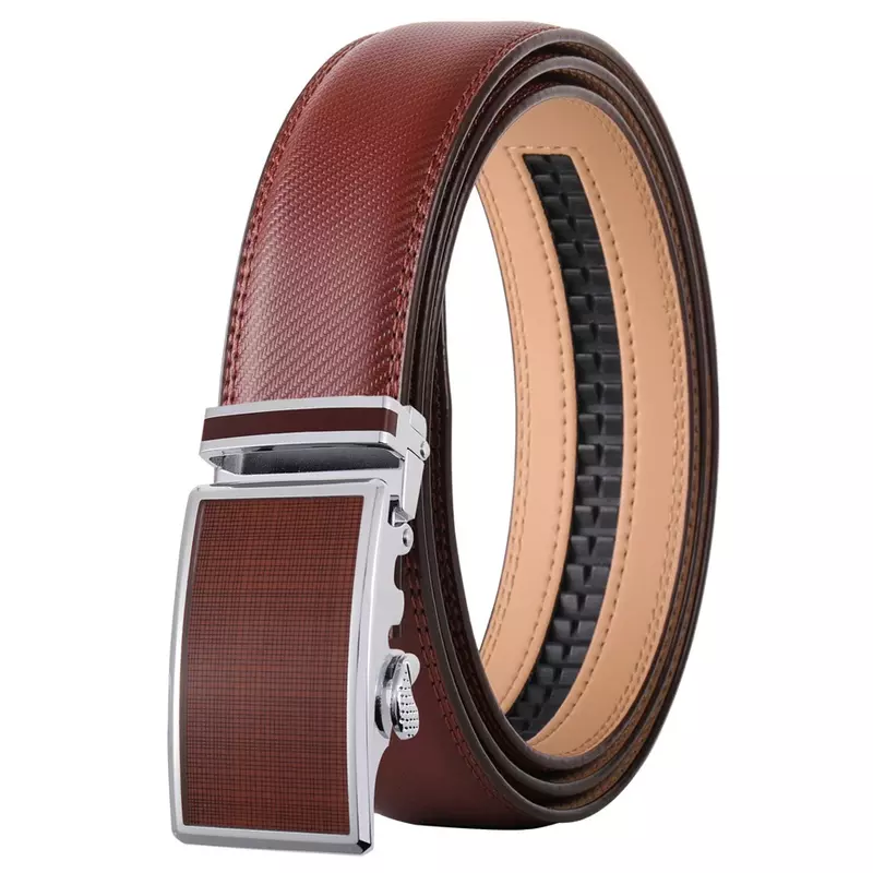 Cinturones de cuero marrón y Rojo para hombre, hebilla automática, cinturón de trinquete, correas de cintura para vestido, hebilla deslizante, fácil liberación, B610