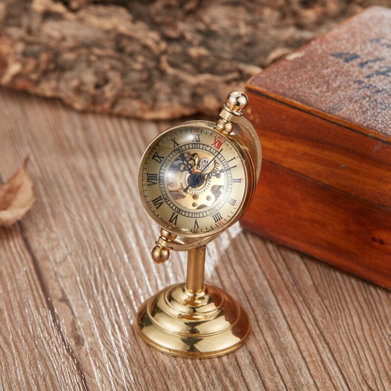 Reloj de bolsillo mecánico de escritorio dorado, globo giratorio de cobre Retro, movimiento de bobinado manual, decoración de lujo para el hogar y la Oficina como coleccionable