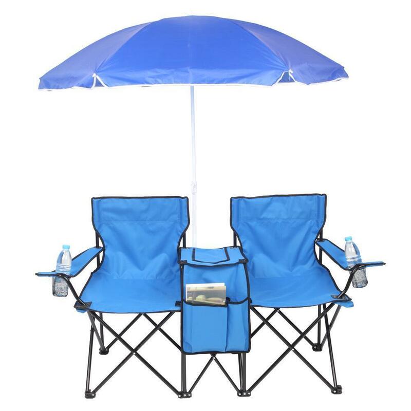 Silla plegable portátil para acampada, sillón de 2 asientos con sombrilla de playa, color azul