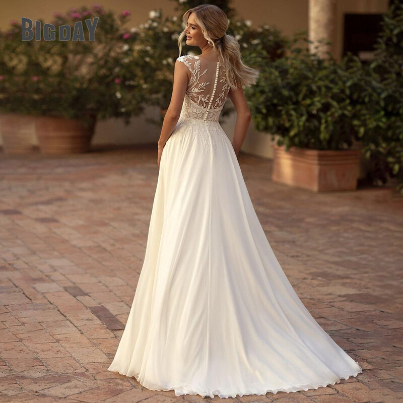 Женское кружевное свадебное платье It's yiiya, белое шифоновое платье с круглым вырезом, открытой спиной и разрезом сбоку на лето 2024