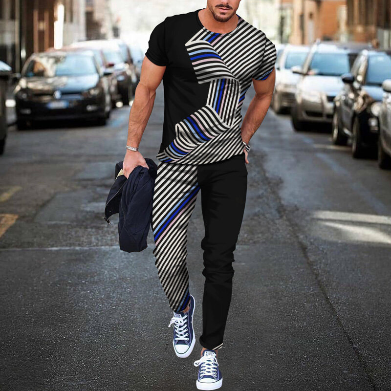 Mannen 2 Stuk Sets Mannen Trainingspak 3D Gedrukt Casual Trend Oversized Kleding Zomer Sportwear Pak Korte Mouw T-shirt Lange broek