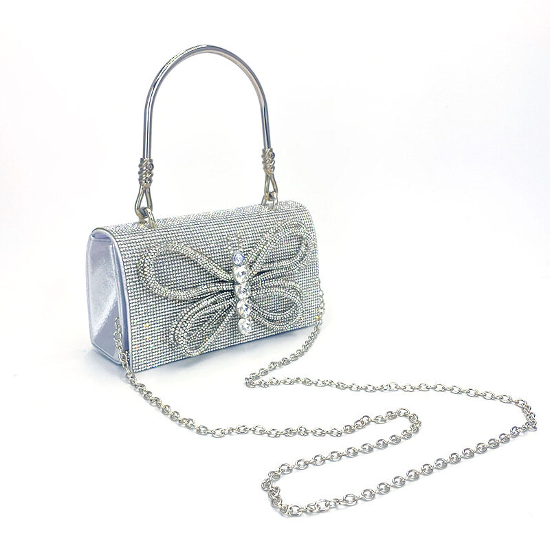 Sparkling Square Dress Bag Elegant Evening Handbag Shiny Diamond Clutch Bag Dress Bag For Party Butterfly Chain Bag