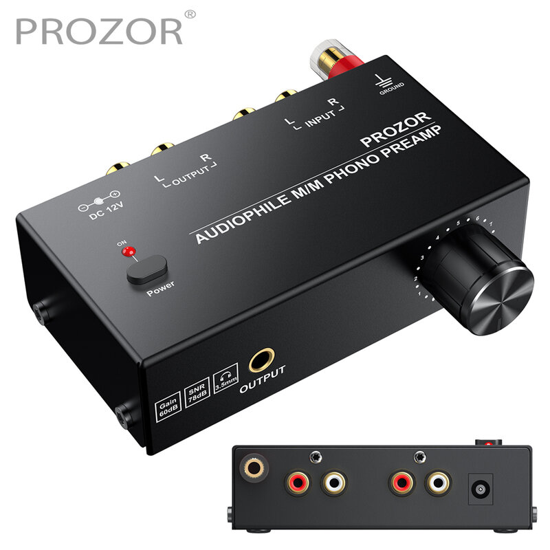 PROZOR Phono Preamplifier Audiophile M/M Preamp Preamplifier Phono 2 Port Output Input RCA dengan Tombol Volume Adaptor Daya UE