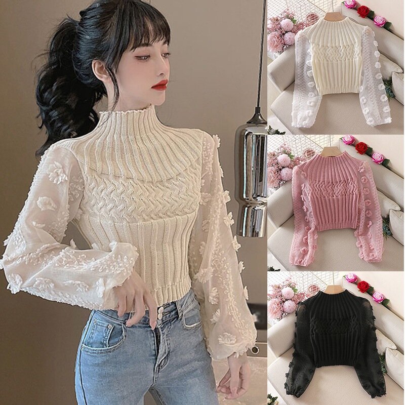 Sweet Puff Sleeve Short Sweaters Women Round Neck Tight Slim Pullovers Female Long Sleeve Cozy Style