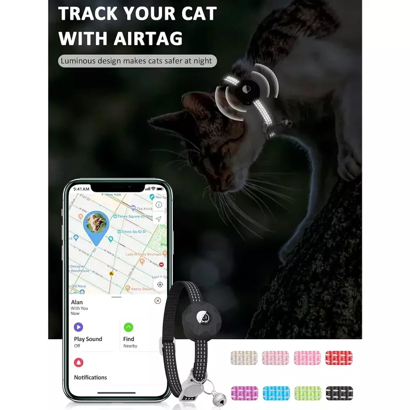 Collare per gatti per animali domestici Anti-smarrimento con supporto Airtag, per il posizionamento di etichette ad aria Apple collare per gattini con accessori per collana di gatti riflettenti