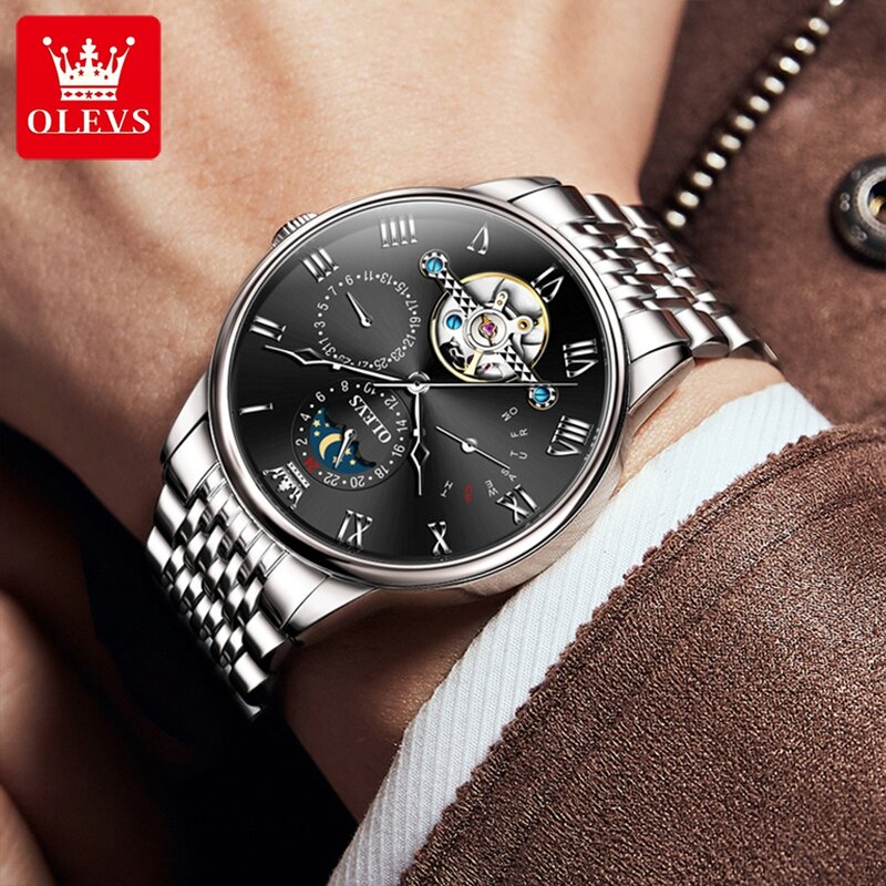 OLEVS Brand New luksusowy zegarek mechaniczny z tourbillonem dla mężczyzn wodoodporne automatyczne zegarki na rękę ze stali nierdzewnej z fazami księżyca męskie