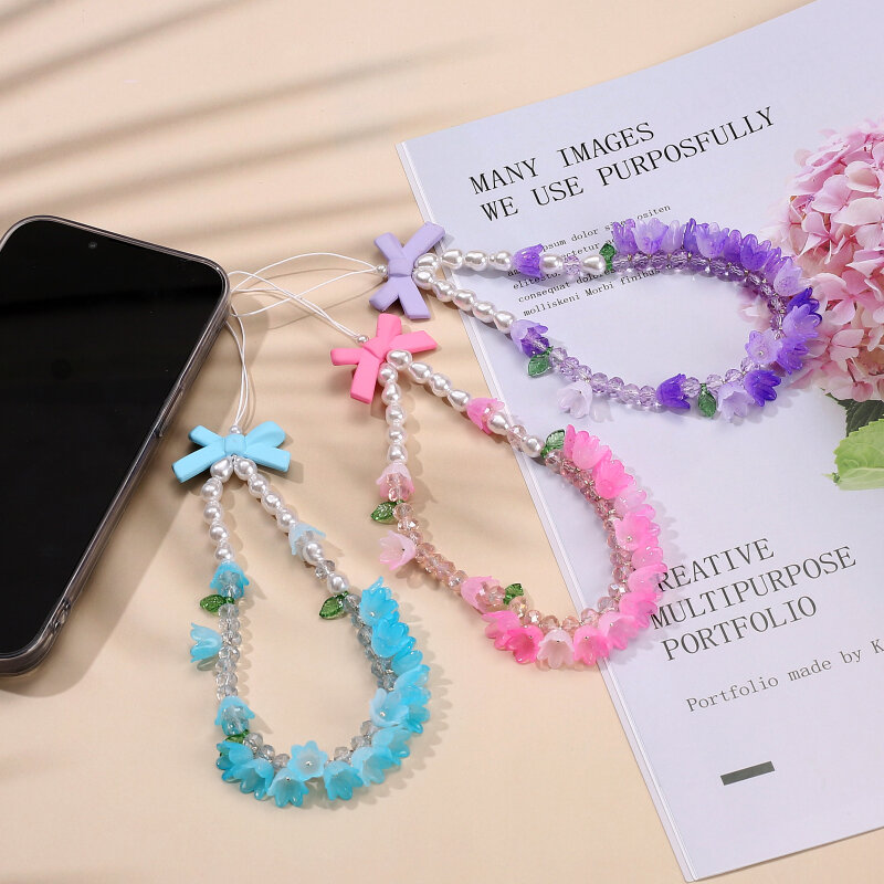 Sweet Women Girls Mobile Phone Chain Acrylic Pearl Telephone Lanyard Colorful Lilies Flower Beaded Phone Case Chain Jewelry