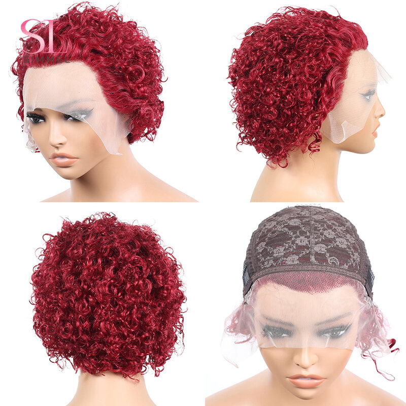 Peruca encaracolado Pixie corte para mulheres, perucas de cabelo humano, Borgonha, onda de água, Bob curto, 99j