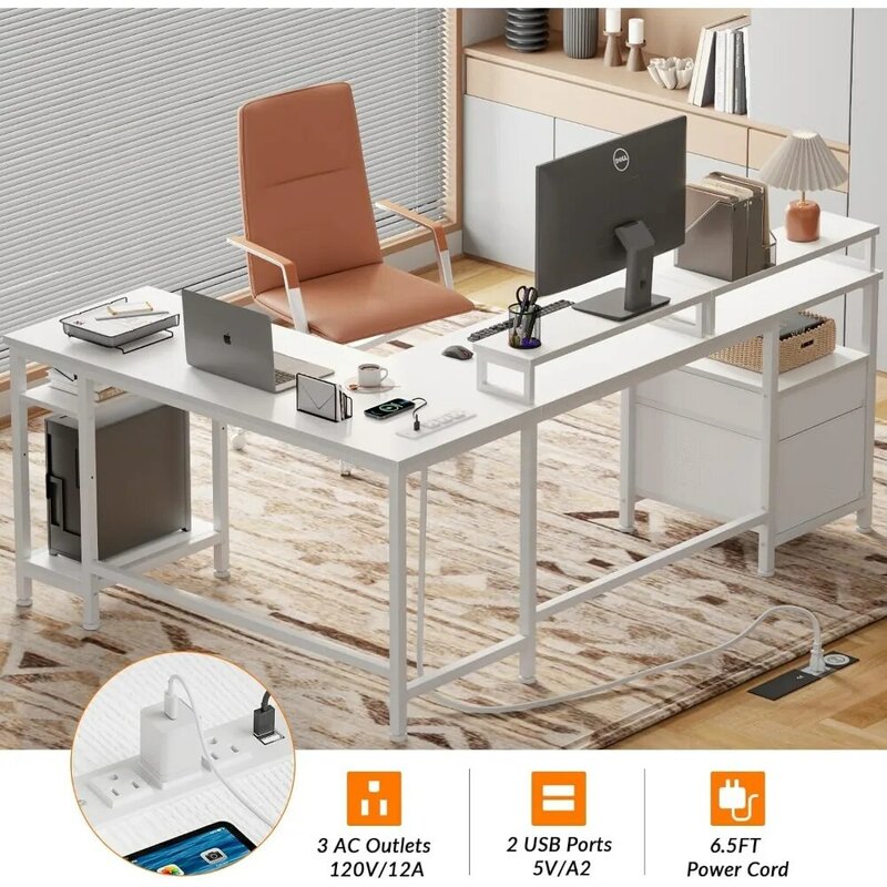 Furologee белый 66 ”L-образный стол с розеткой, двусторонний компьютерный стол с ящиком для файлов и 2 подставками для мониторов, для дома