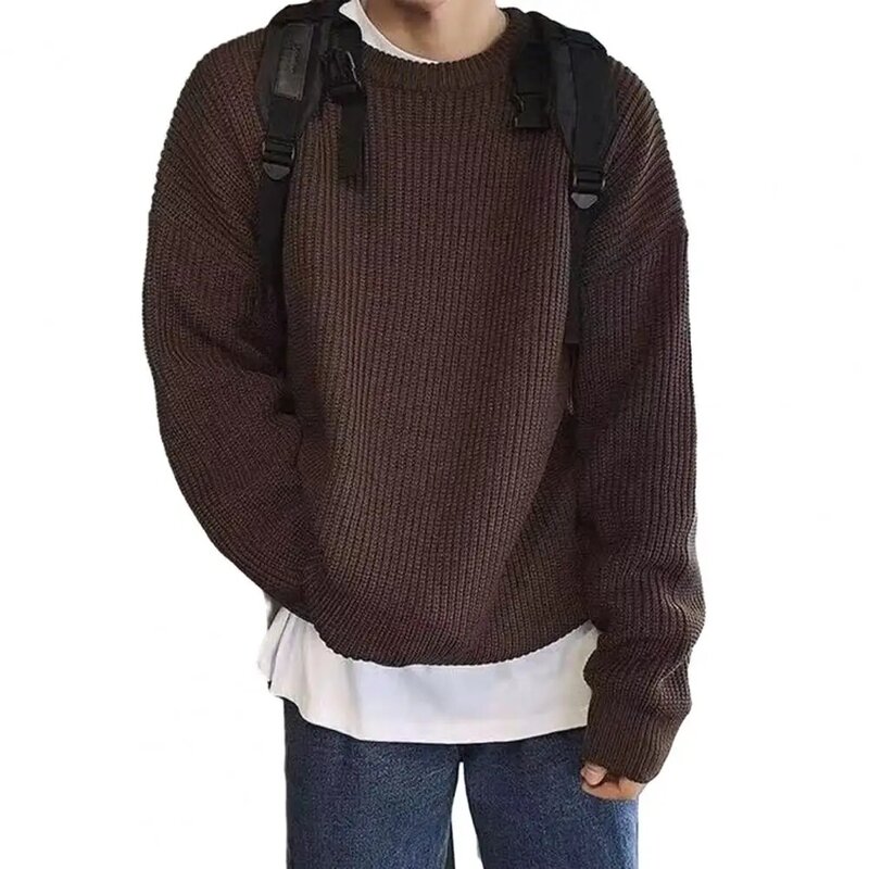 Suéter de malha de cor sólida Vintage masculino, pulôver elegante, mangas compridas, elástico, comprimento médio, blusa plus size, outono, inverno