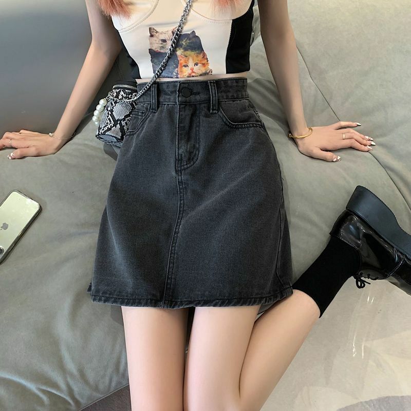 Джинсовая короткая юбка с высокой талией, облегающая трапециевидная юбка до середины бедра, корейский стиль, весна-лето