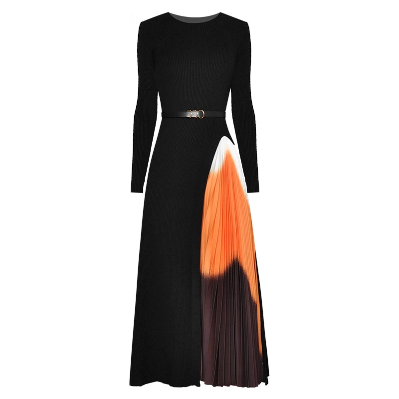 Новое дизайнерское платье, весеннее женское платье с поясом, вязаные лоскутные плиссированные платья с длинным рукавом