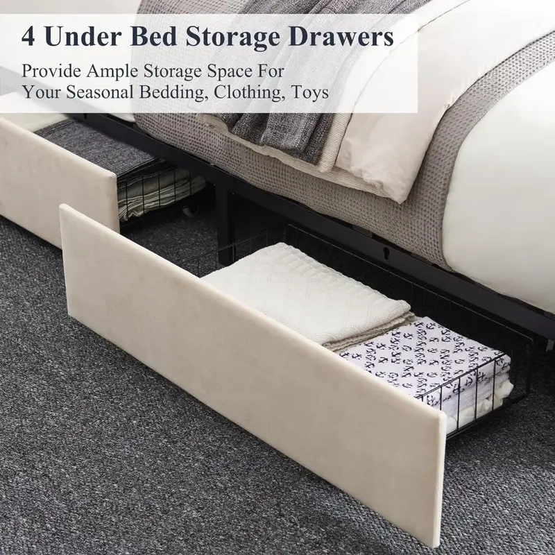Meble do sypialni, duża platforma tapicerowana, platforma ramy łóżka z 4 szufladami do przechowywania, regulowany zagłówek z aksamitnym nitem
