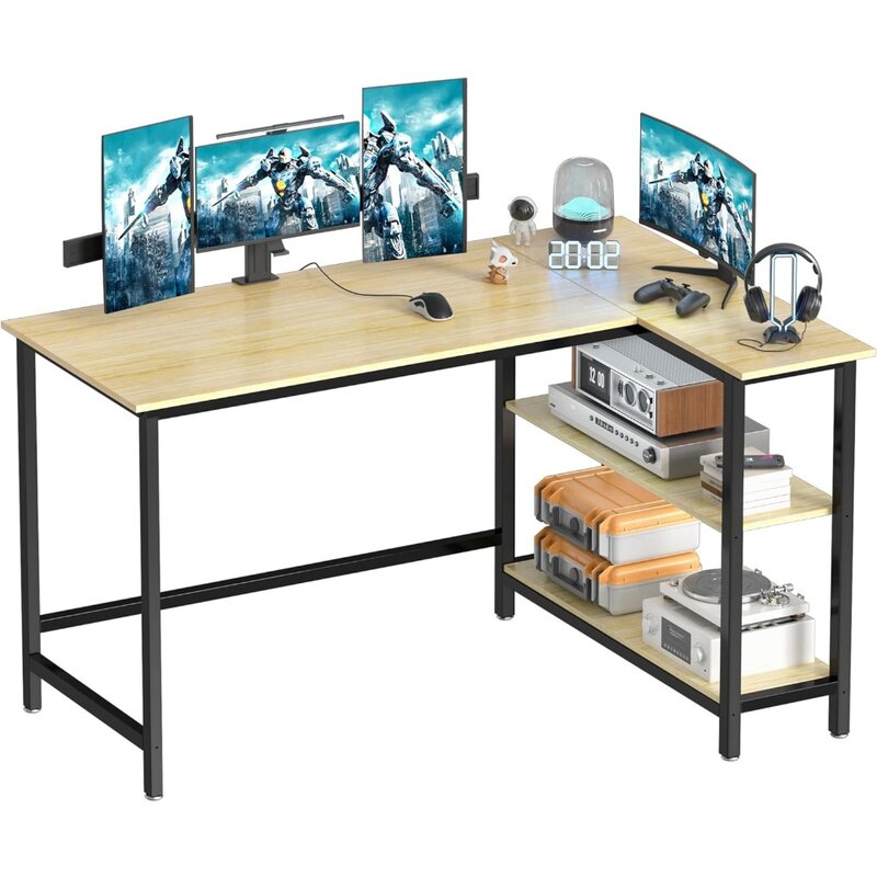 Meja berbentuk L-meja Gaming 43 inci, meja sudut komputer, meja tulis kantor rumah dengan rak, meja kerja hemat ruang
