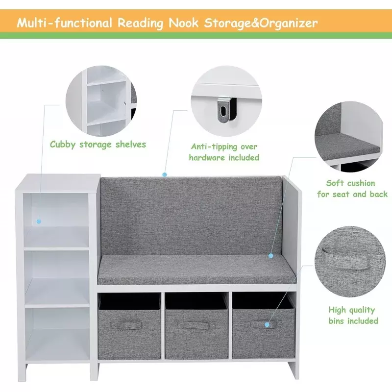 UTEX Kids Bookcase with Reading Nook, 6-Cubby Kids Toy Storage Organizer with Bins, Kids Bookshelf and Storage for Boys and Girl