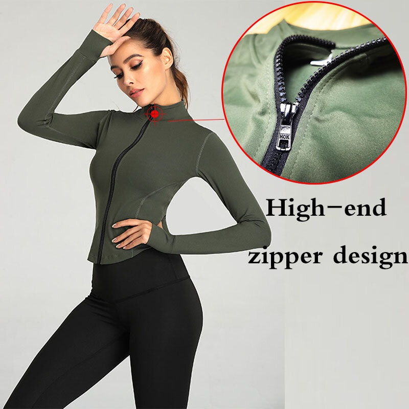 Aiithuug donna Full Zip-up Yoga Top Workout giacche da corsa con fori per il pollice elastico aderente manica lunga Crop Top Activewear