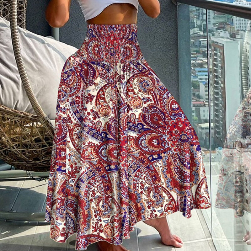 Женская богемная длинная юбка с цветочным принтом, Свободная Повседневная пляжная юбка для отпуска с высокой талией, свободные праздничные юбки