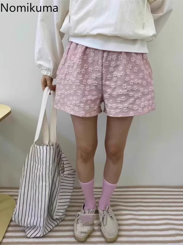 Pantaloncini Vintage coreani donna Chic floreale a vita alta con coulisse pantaloni estivi Casual 2024 nuovi pantaloni Pantalones Cortos De Mujer