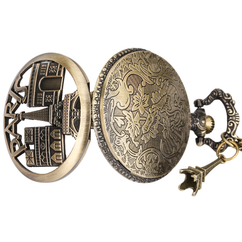 French Paris Hollow Tower Design orologio da tasca in bronzo uomo donna orologio da tasca al quarzo collana con ciondolo pratico regalo da collezione