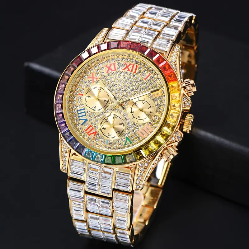 Gelo para fora relógios para homens de luxo artesanal mosaico ouro aço relógio cronógrafo à prova dwaterproof água moda hip hop relógios dos homens novo