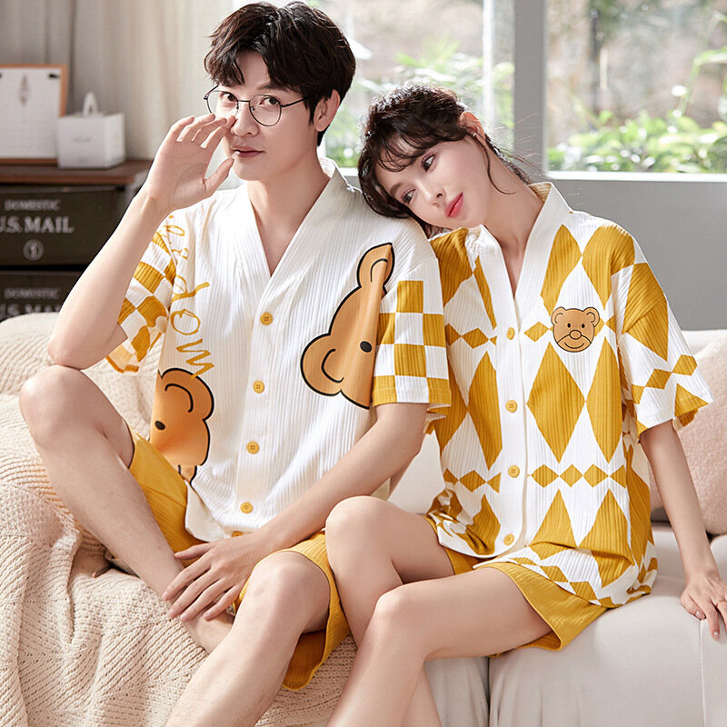 Летние Пижамные комплекты для пар, мультяшная Мужская одежда для сна, повседневное хлопковое кимоно с коротким рукавом для женщин, женская одежда, Прямая поставка
