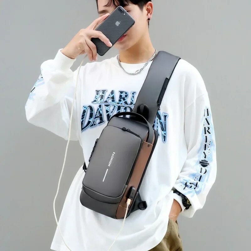 Bolso de pecho antirrobo para hombre, de hombro con carga USB bandolera, paquete escolar de viaje corto, mensajero, gimnasio, deportes