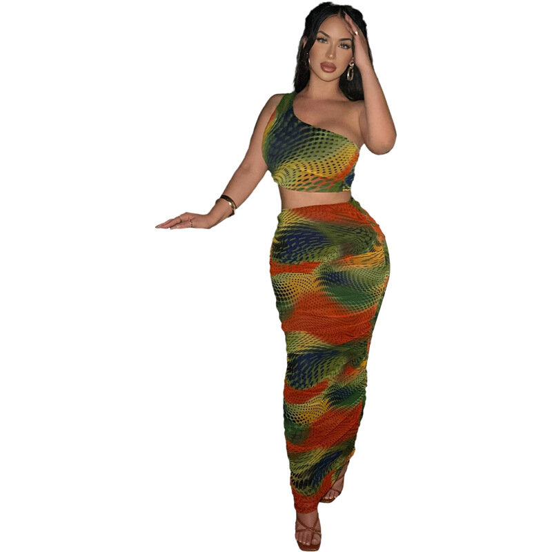 Style Summer New Women's Sexy One-Shoulder Vest Slim-Fit Sheath Printed Skirt Suit for WomenCok