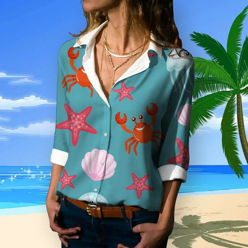 Blusa hawaiana holgada de manga larga con botones para mujer, camisa con estampado de animales bonitos, ropa informal para primavera y verano, novedad